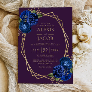 Purple Royal Blue Floral Gold Geometric Wedding Invitation