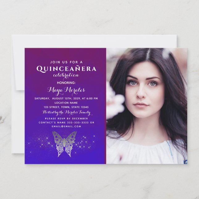 Purple Royal Blue Quinceanera Invitation (Front)