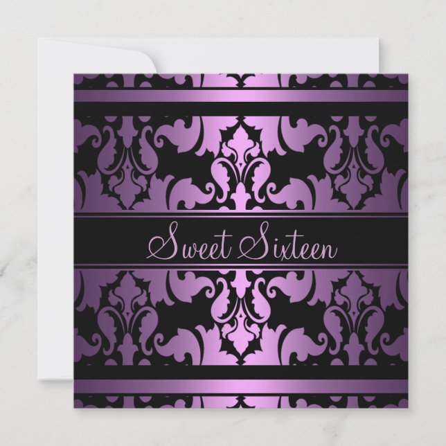 Purple Royal Damask Sweet16 Birthday Invite (Front)