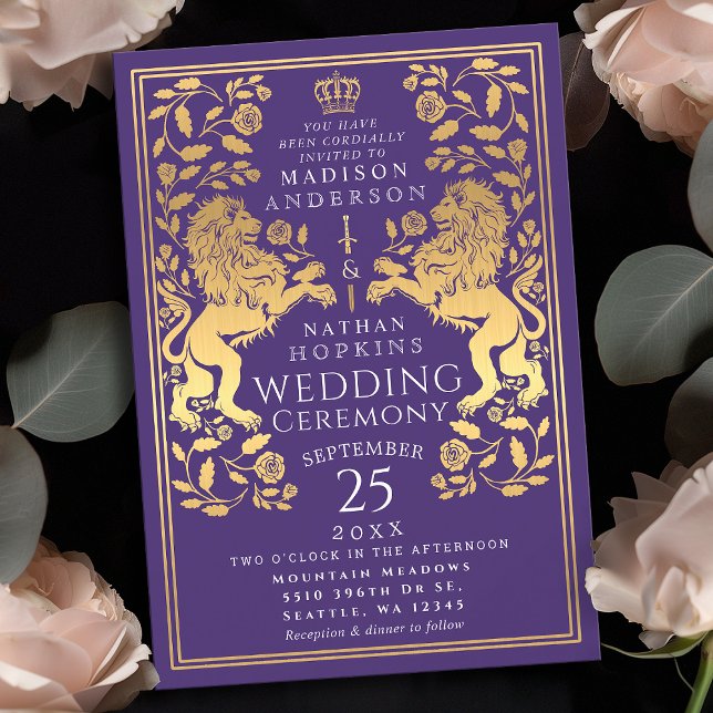 Purple Royal Lion Mediaeval Gold Wedding Invitatio Invitation (Creator Uploaded)