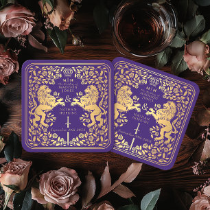 Purple Royal Lion Mediaeval Sword Wedding Square Paper Coaster