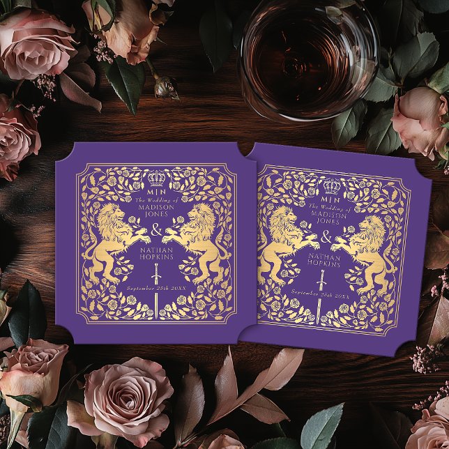 Purple Royal Lion Mediaeval Sword Wedding Ticket Paper Coaster (Creator Uploaded)