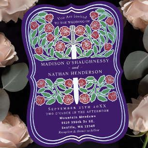 Purple Royal Mediaeval Floral Silver Sword Wedding Invitation
