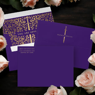 Purple Royal Mediaeval Gold Sword Wedding Envelope
