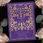 Purple Royal Mediaeval Gold Sword Wedding Invitation<br><div class="desc">Set the tone for your mediaeval fantasy wedding with a bold invitation design—a grand gold sword surrounded by florals against a purple background. Perfect for couples dreaming of an epic, romantic celebration. Make your love story legendary from the very first glance! NOTE: the gold featured in this design is NOT...</div>