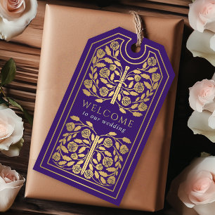 Purple Royal Mediaeval Gold Sword Wedding Welcome Gift Tags