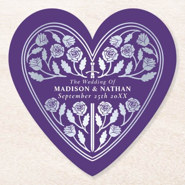 Purple Royal Mediaeval Silver Sword Wedding Paper Coaster (Front)