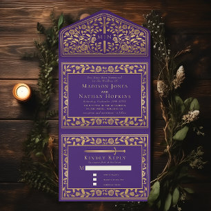 Purple Royal Mediaeval Sword Wedding All In One Invitation