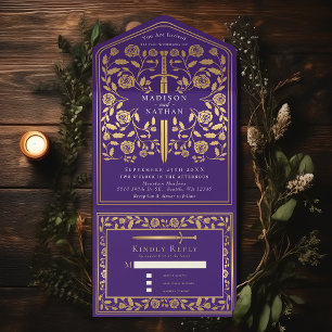 Purple Royal Mediaeval Sword Wedding All In One Invitation