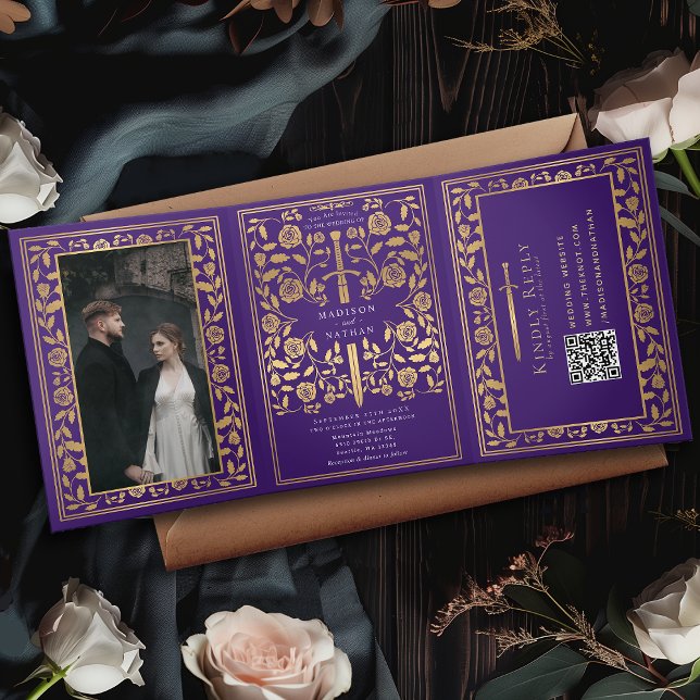 Purple Royal Mediaeval Sword Wedding QR Code Tri-Fold Invitation (Creator Uploaded)