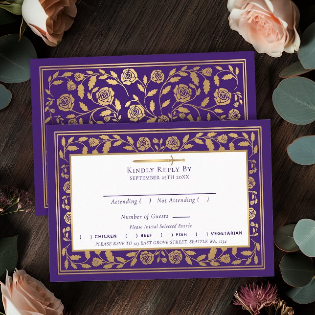 Purple Royal Mediaeval Sword Wedding RSVP Enclosure Card (Creator Uploaded)