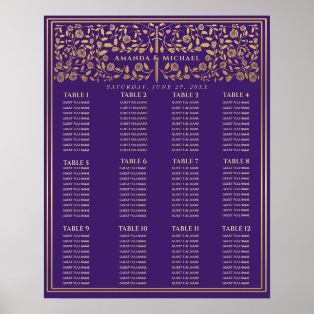 Purple Royal Mediaeval Sword Wedding Seating Chart (Front)