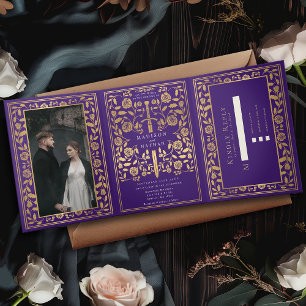 Purple Royal Mediaeval Sword Wedding Tri-Fold Invitation