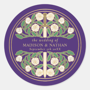 Purple Royal Mediaeval White Floral Sword Wedding  Classic Round Sticker