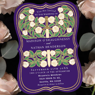 Purple Royal Mediaeval White Floral Sword Wedding Invitation