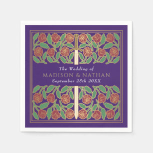 Purple Royal Medieval Gold Floral Sword Wedding Napkin