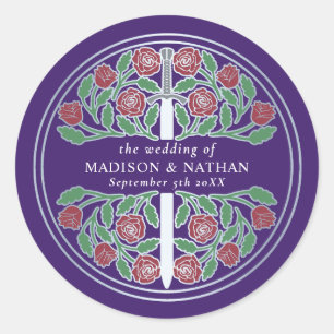 Purple Royal Medieval Silver Sword Wedding  Classic Round Sticker