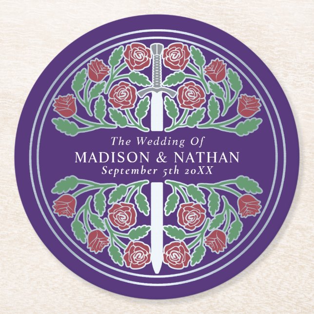 Purple Royal Medieval Silver Sword Wedding Round Paper Coaster (Front)