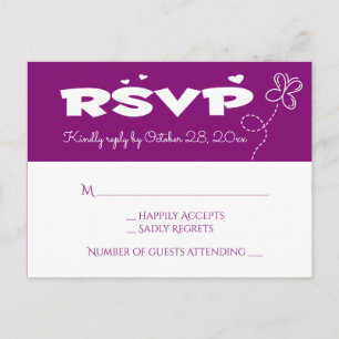 Purple RSVP Butterfly & Hearts Wedding Party Invitation Postcard