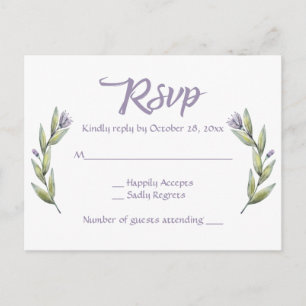 Purple RSVP Watercolor Flower Laurel Leaves Invitation Postcard