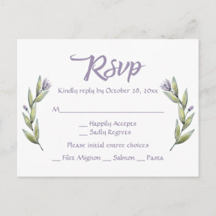 Purple RSVP Watercolor Flower Laurel Leaves Invitation Postcard