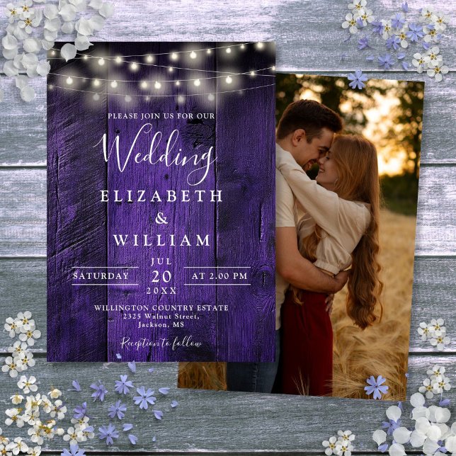 Purple Rustic Barn Wood String Lights Wedding Invitation (Purple Rustic Barn Wood String Lights Wedding Invitation)