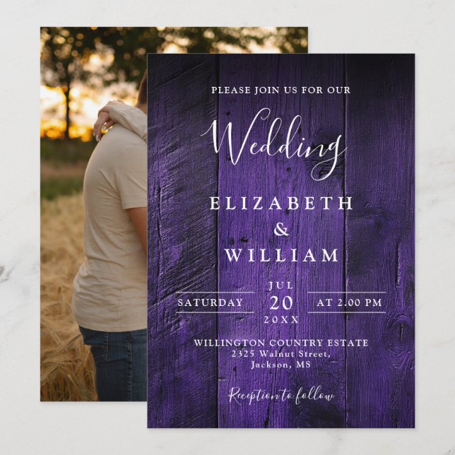 Purple Rustic Boho Barn Wood Photo Wedding Invitation (Front/Back)