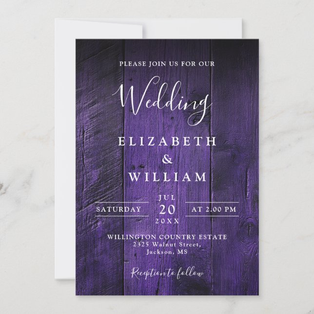 Purple Rustic Boho Barn Wood Wedding QR Code Invitation (Front)