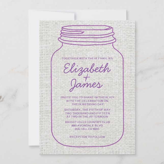 Purple Rustic Burlap Mason Jar Wedding Invitations (Front)