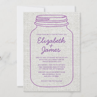 Purple Rustic Burlap Mason Jar Wedding Invitations
