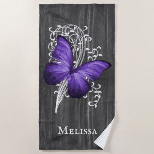 Purple Rustic Butterfly Personalised Beach Towel