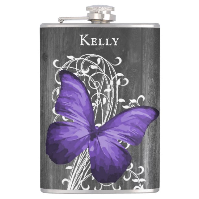 Purple Rustic Butterfly Personalised Flask (Front)