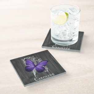 Purple Rustic Butterfly Personalised Glass Coaster
