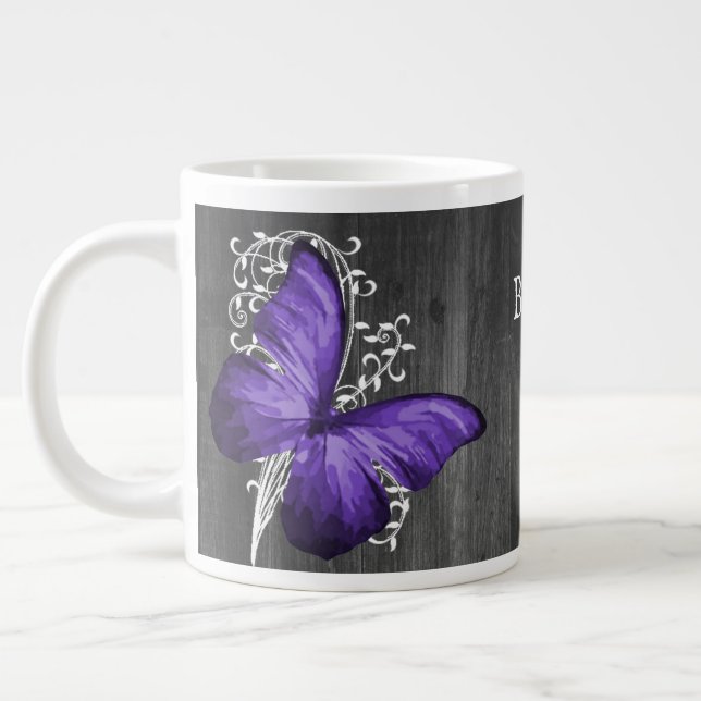 Purple Rustic Butterfly Personalised Large Coffee Mug (Left)