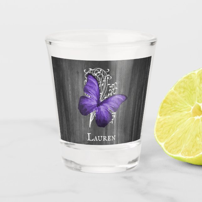 Purple Rustic Butterfly Personalised Shot glass (Front)