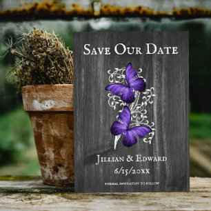 Purple Rustic Butterfly Save The Date Announcement