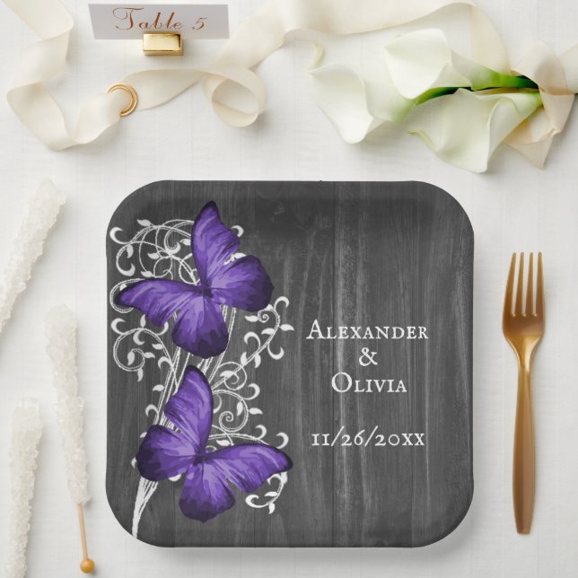 Purple Rustic Butterfly Wedding Paper Plate (Wedding)