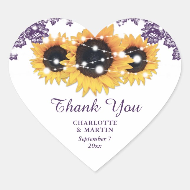 Purple Rustic Chic Lace Sunflower Wedding Heart Sticker (Front)