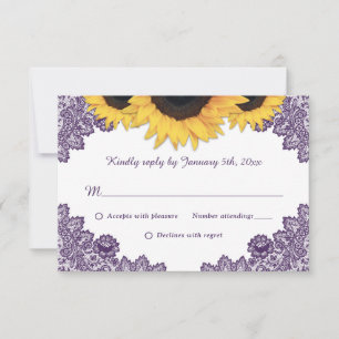 Purple Rustic Chic Lace Sunflower Wedding RSVP Card