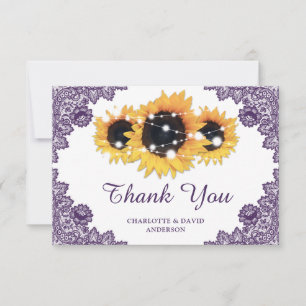 Purple Rustic Chic Lace Sunflower Wedding Thank You Card
