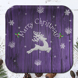 Purple Rustic Christmas Reindeer Paper Plate
