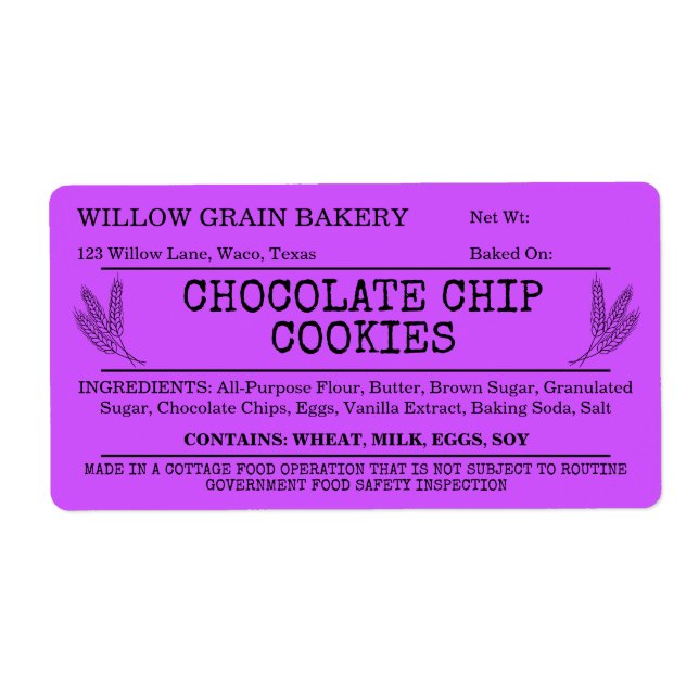 Purple Rustic Cottage Chocolate Chip Cookie Label (Front)