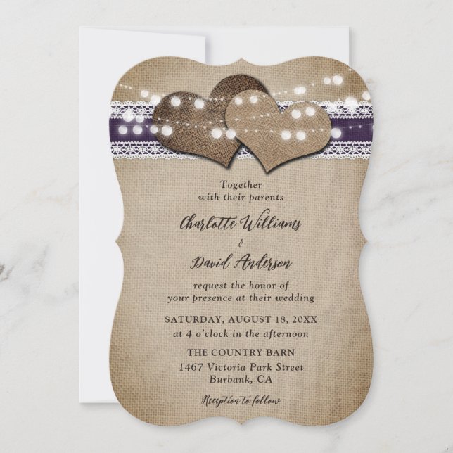 Purple Rustic Country Burlap Lace Wedding Invitation (Front)
