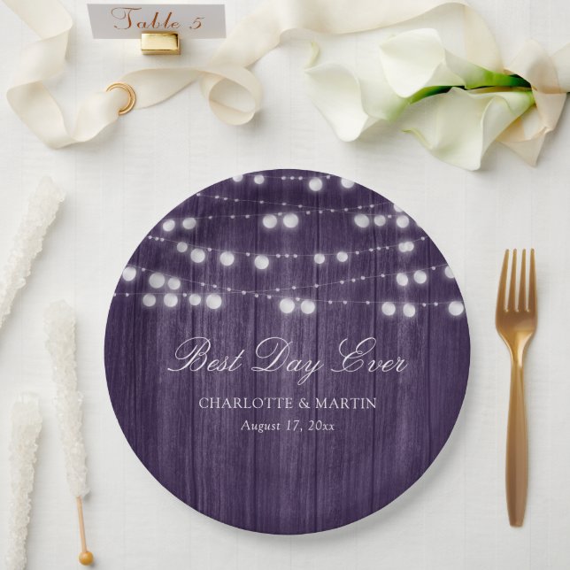 Purple Rustic Country Wood String Lights Wedding Paper Plate (Wedding)