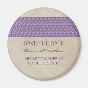 Purple Rustic Damask Save the Date Magnet