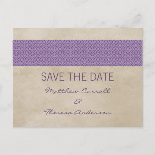 Purple Rustic Damask Save the Date Postcard