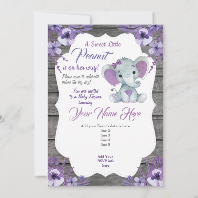 Purple Rustic Elephant Invitation Editable (Front)