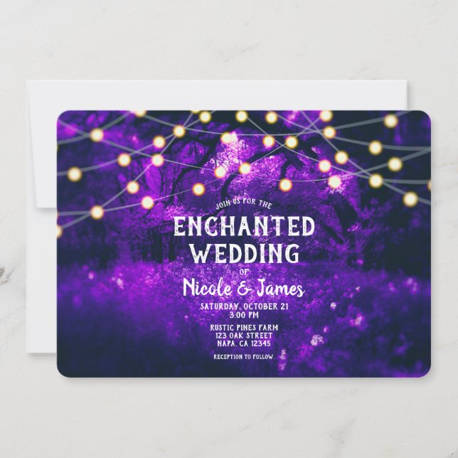 Purple Rustic Enchanted Forest Lights Wedding Invitation (Front)
