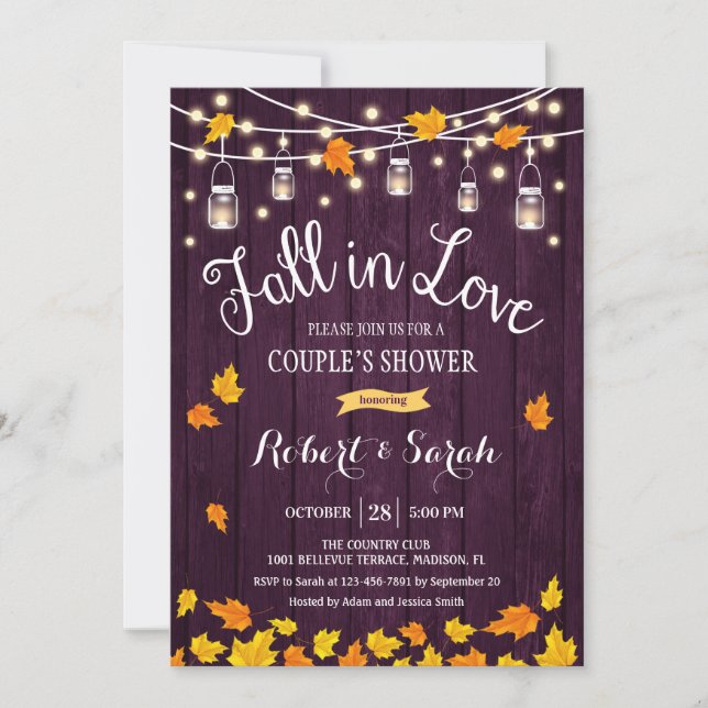 Purple Rustic Fall In Love Couple's Shower Invitation (Front)