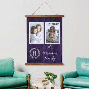 Purple Rustic Family Monogram Photo Hanging Tapestry